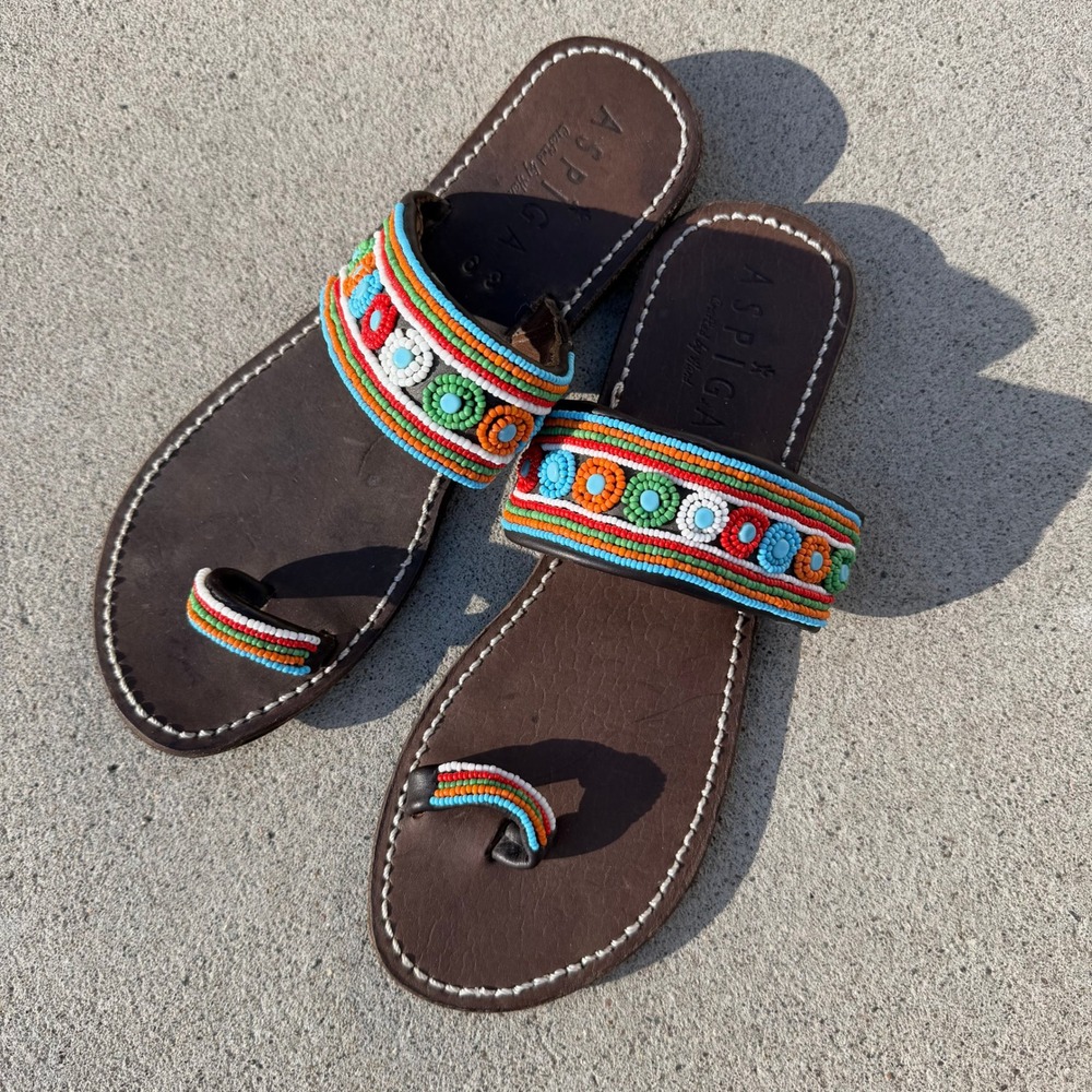 Aspiga Brown‎ Leather Hand Crafted Beaded Toe Loop Sandals Boho Hippie Slides 39